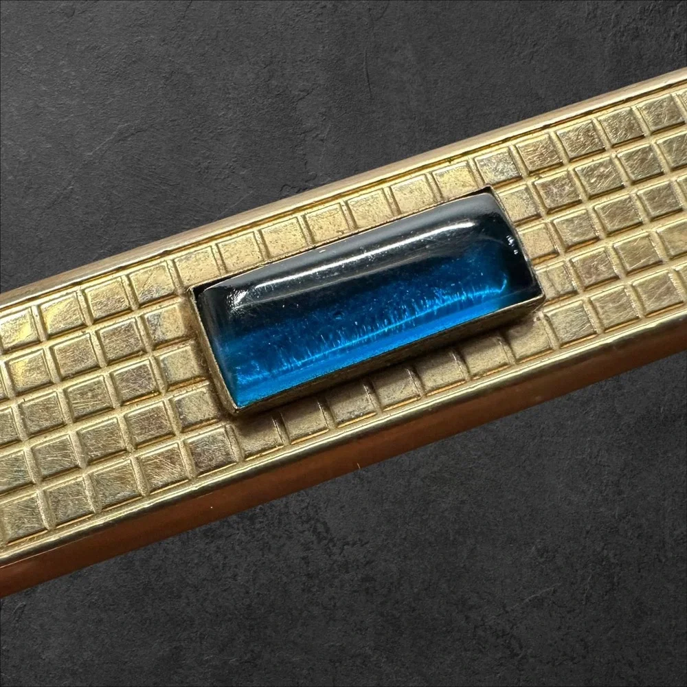 Swank Tie Clip Gold Tone‎ w/Blue Glass Cabochon Vintage Grid Textured MCM